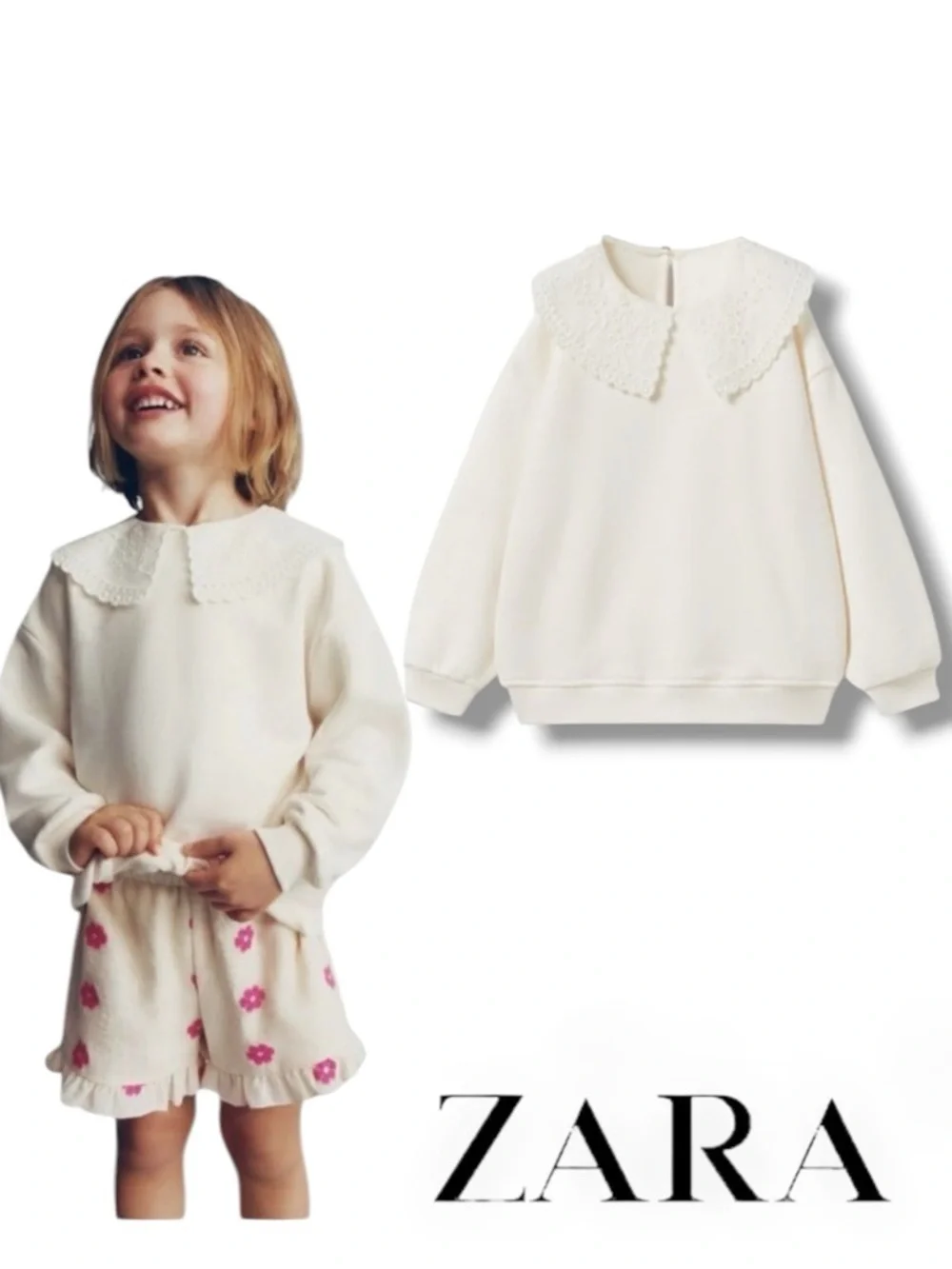 ZARA Girls Ecru Embroidered Collar Sweatshirt NWT Size 5T